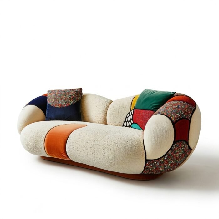 Curvy Butterfly Sofa – front view of the cream sofa with patchwork panels